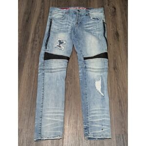 Smugglers Moon Distressed Moto Jeans Ripped Knee Patches Denim Blue W36‎ L32